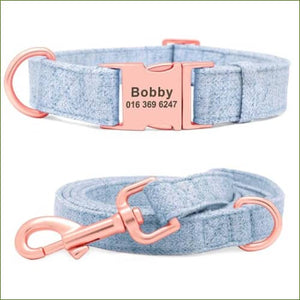 Colliers pour chien gravés en tissu de chanvre avec laisse assortie Bleu / M/